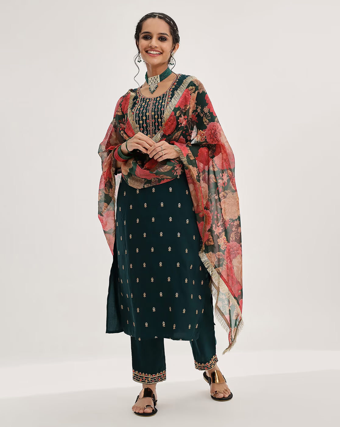 Green Ethnic Motifs Embroidered Sequinned Straight Kurta & Trousers With Dupatta