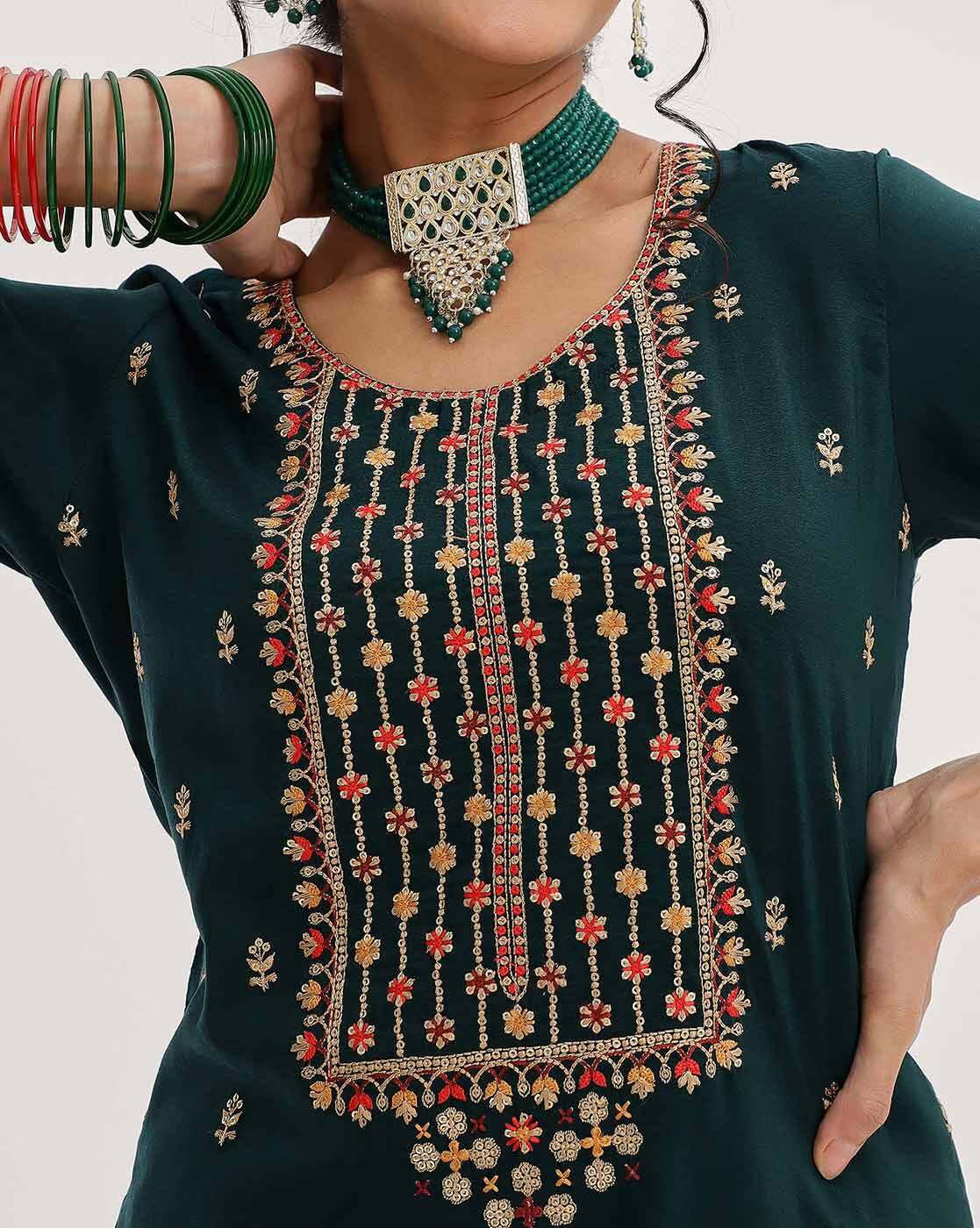 Green Ethnic Motifs Embroidered Sequinned Straight Kurta & Trousers With Dupatta