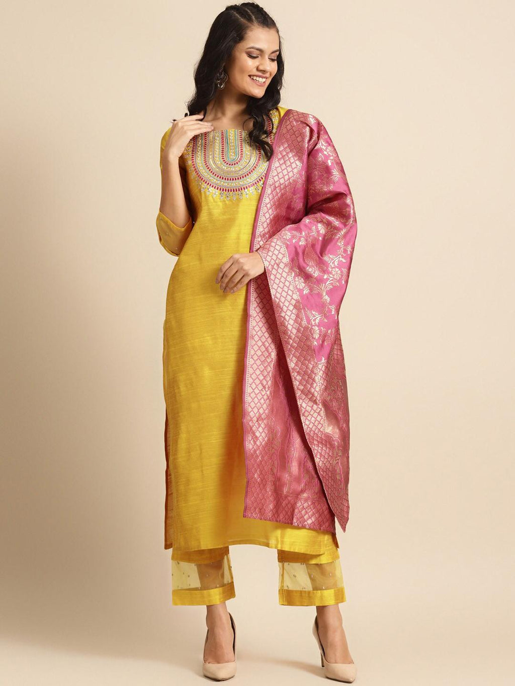 Mustard Yellow Embroidered Kurta with Trousers & Pink Dupatta