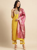 Mustard Yellow Embroidered Kurta with Trousers & Pink Dupatta