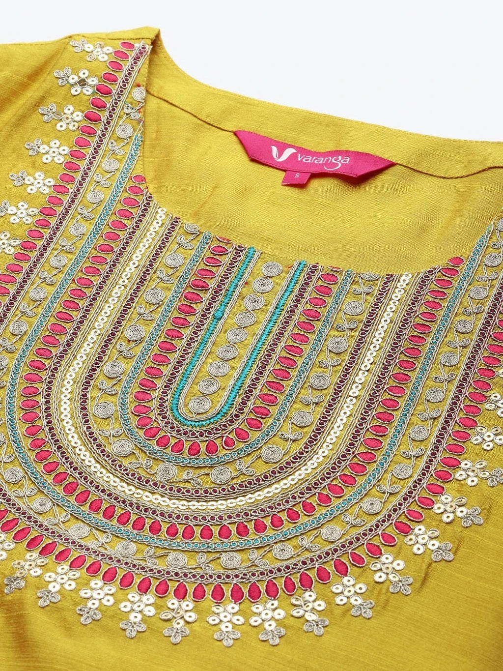 Mustard Yellow Embroidered Kurta with Trousers & Pink Dupatta