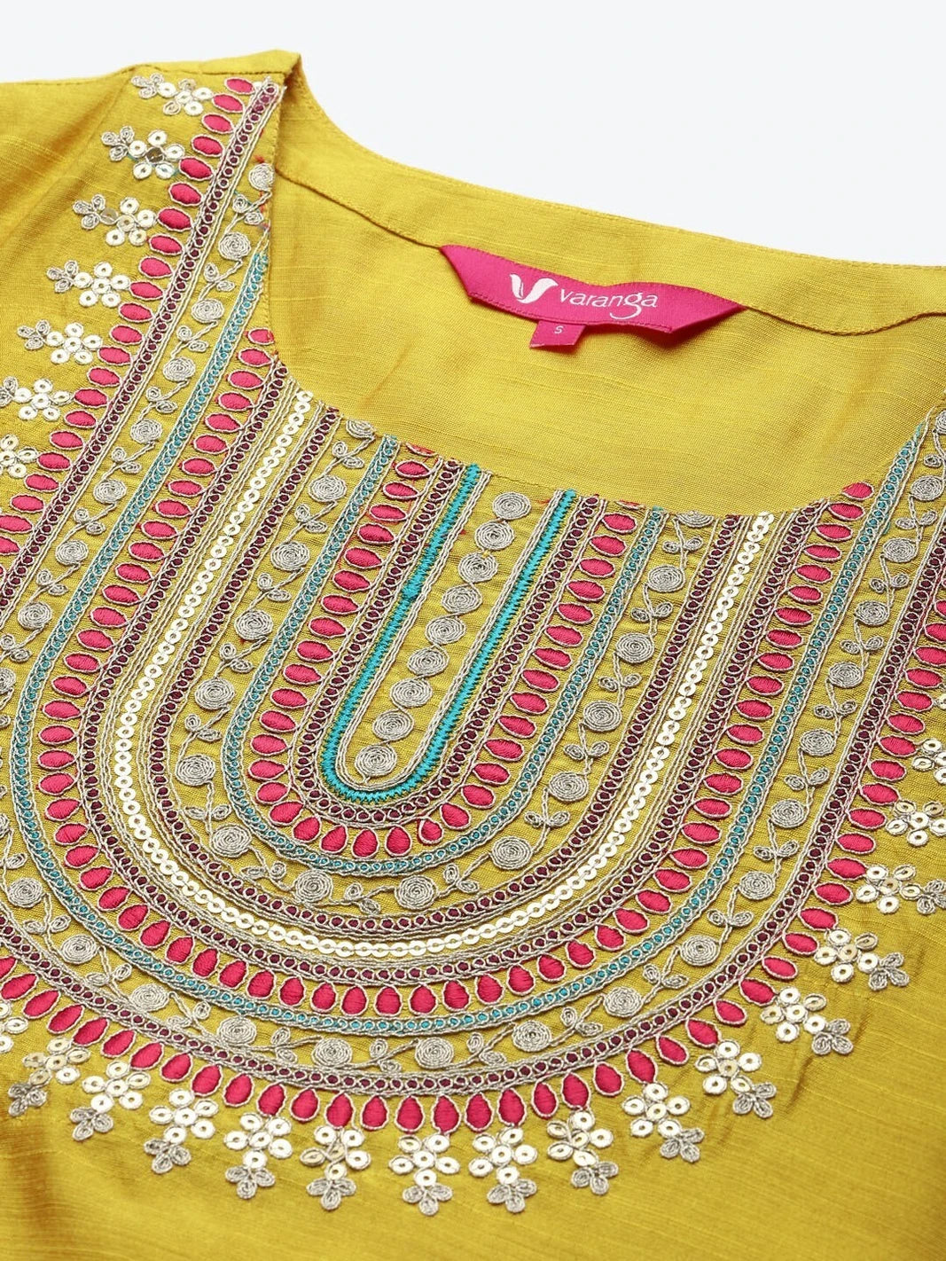 Mustard Yellow Embroidered Kurta with Trousers & Pink Dupatta