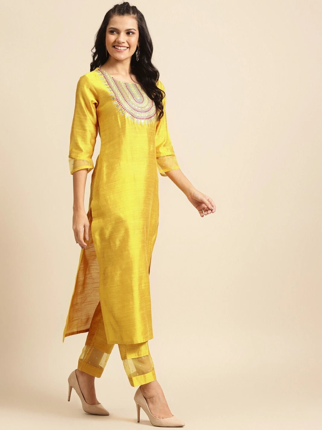 Mustard Yellow Embroidered Kurta with Trousers & Pink Dupatta