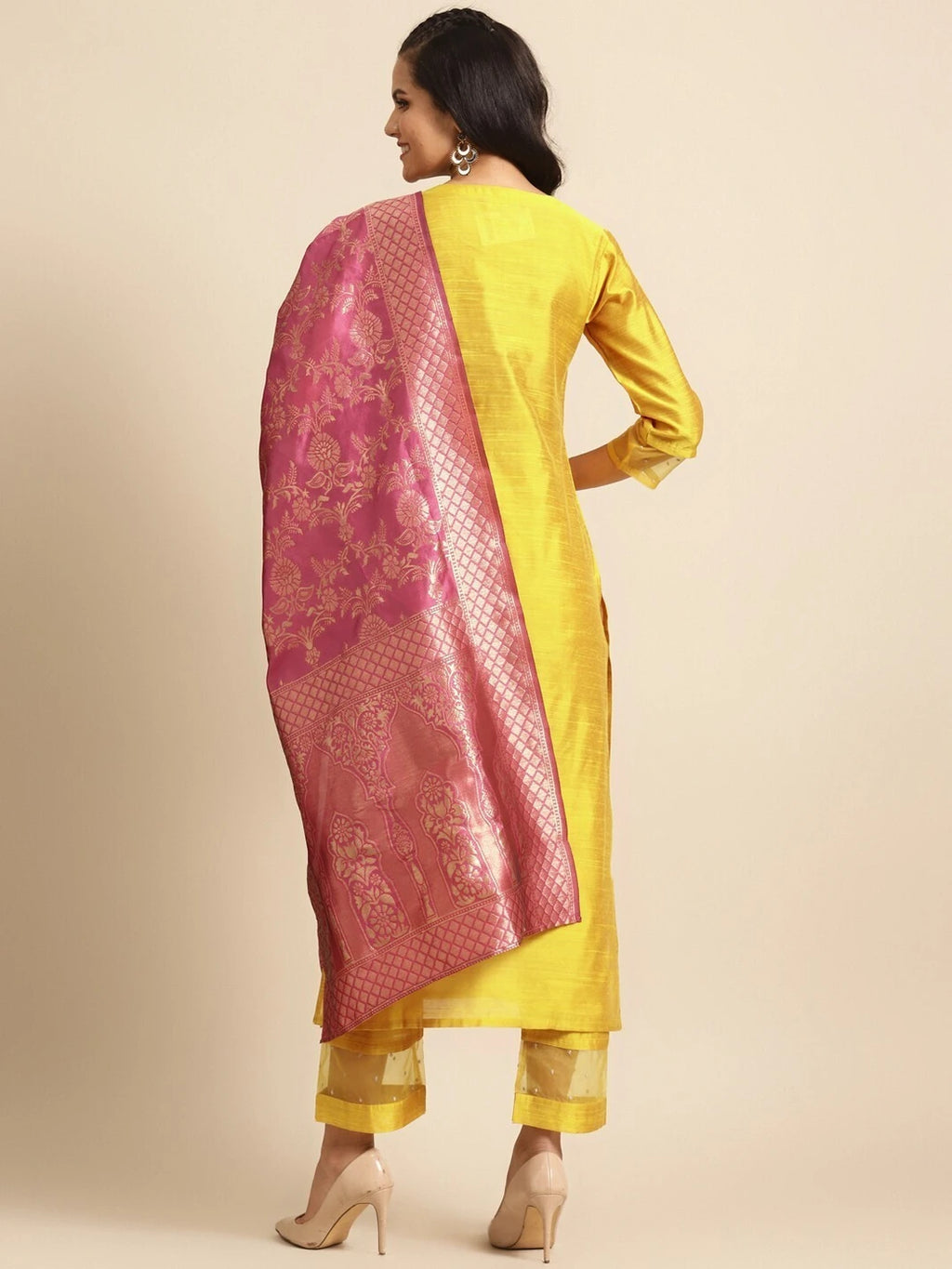 Mustard Yellow Embroidered Kurta with Trousers & Pink Dupatta