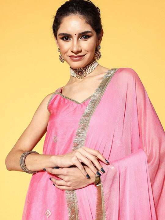Women Ethnic Motifs Embroidered Sleeveless Kurta with Sharara & Dupatta