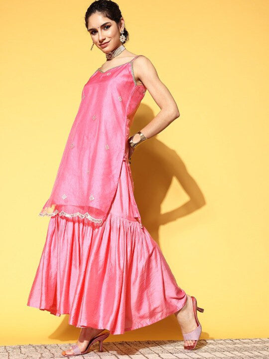 Women Ethnic Motifs Embroidered Sleeveless Kurta with Sharara & Dupatta