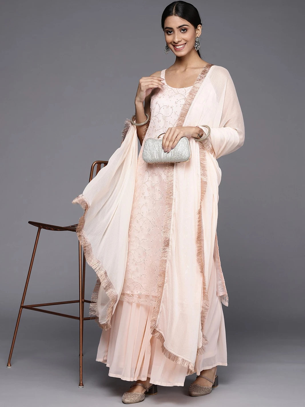 Floral Embroidered Regular Sequinned Kurta with Sharara & With Dupatta