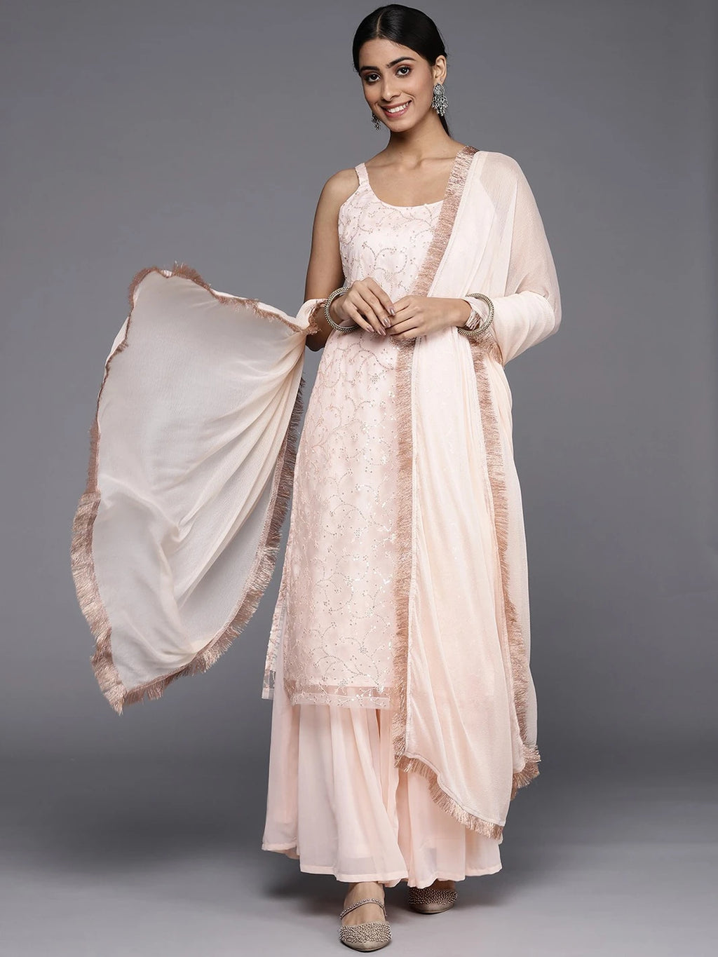 Floral Embroidered Regular Sequinned Kurta with Sharara & With Dupatta