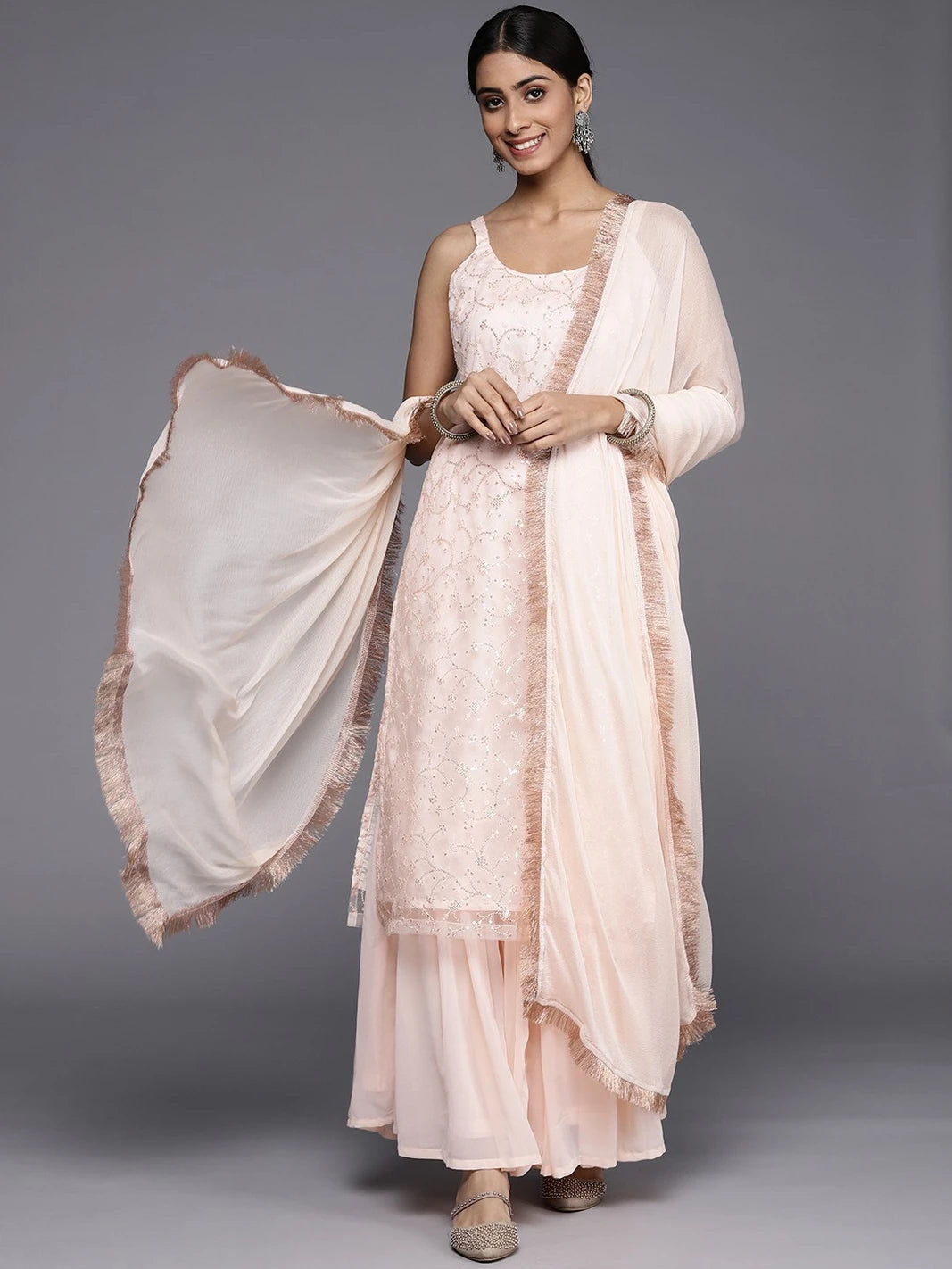 Floral Embroidered Regular Sequinned Kurta with Sharara & With Dupatta