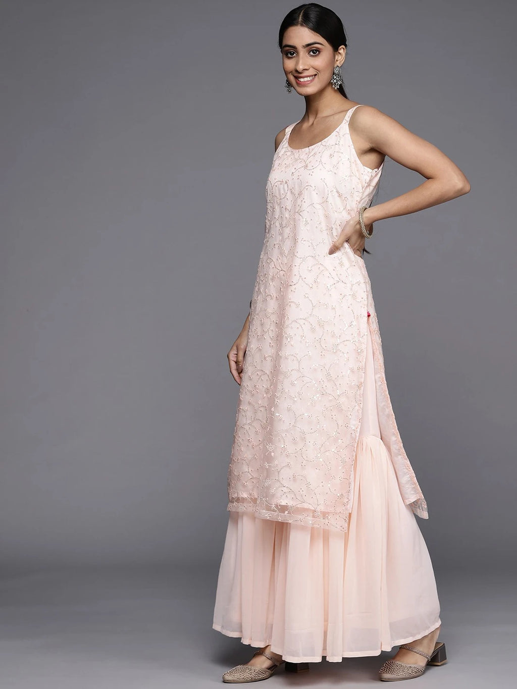 Floral Embroidered Regular Sequinned Kurta with Sharara & With Dupatta