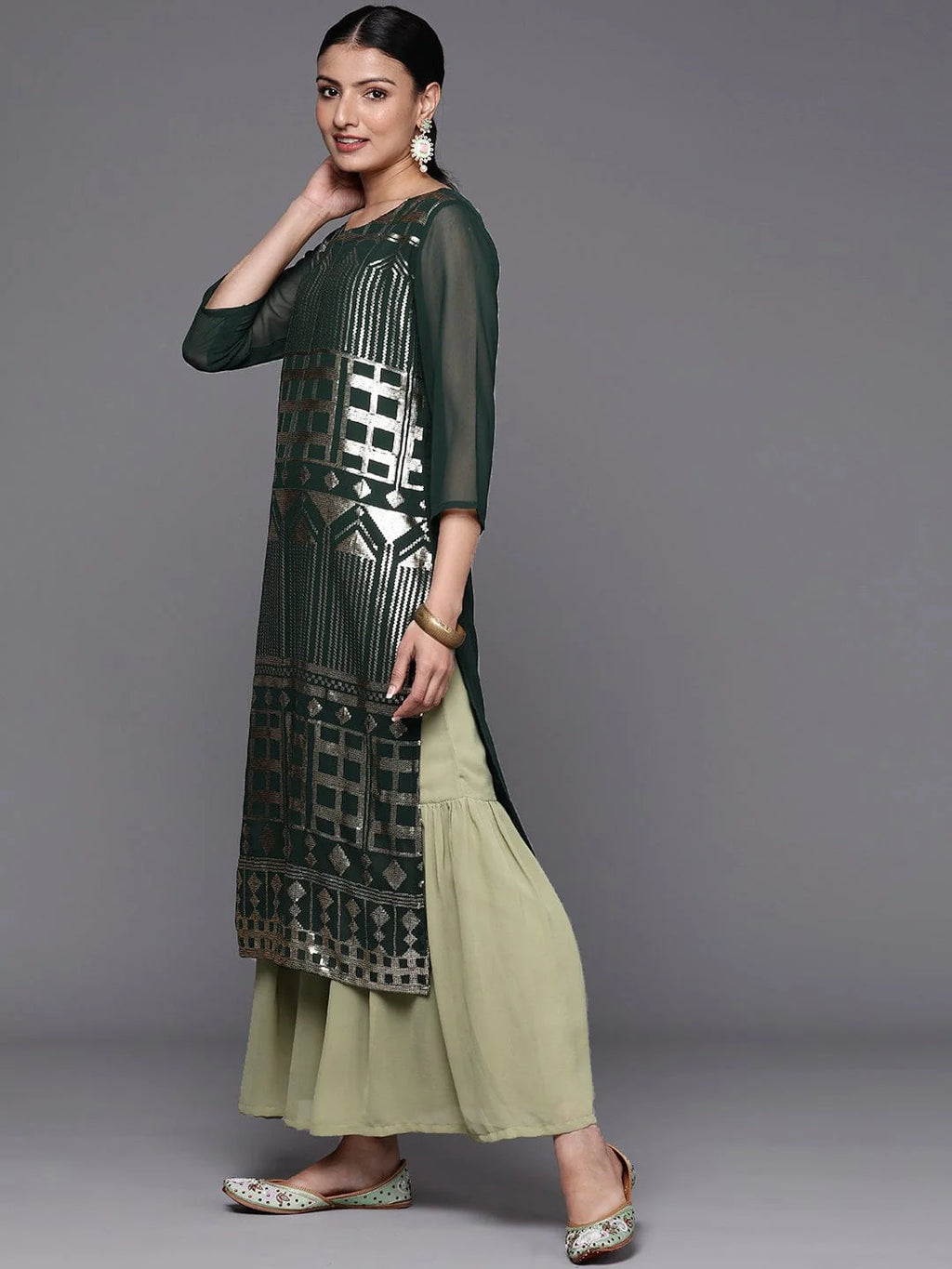 Woven Design Sequinned Silk Georgette Kurta With Sharara & Dupatta