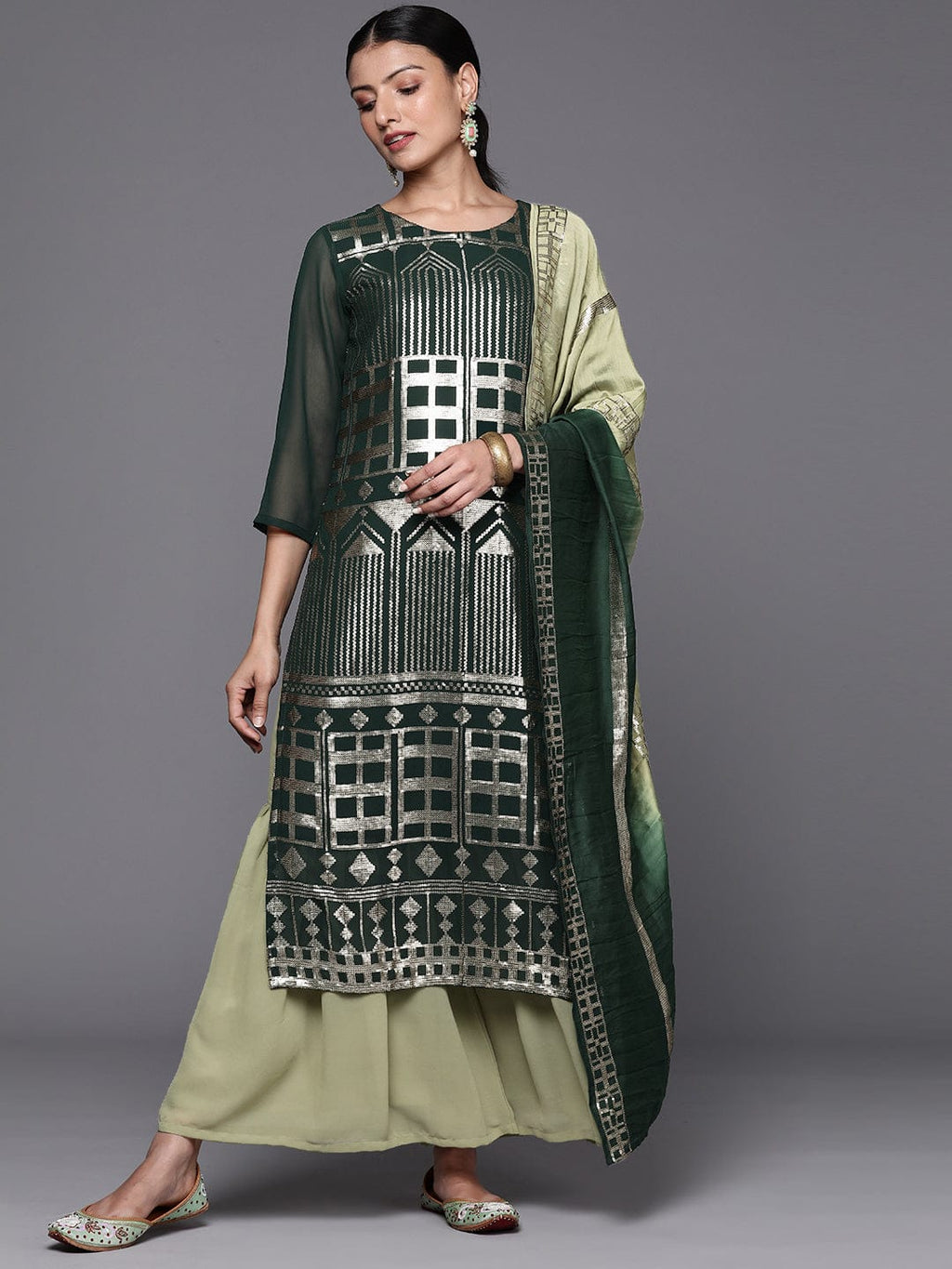 Woven Design Sequinned Silk Georgette Kurta With Sharara & Dupatta