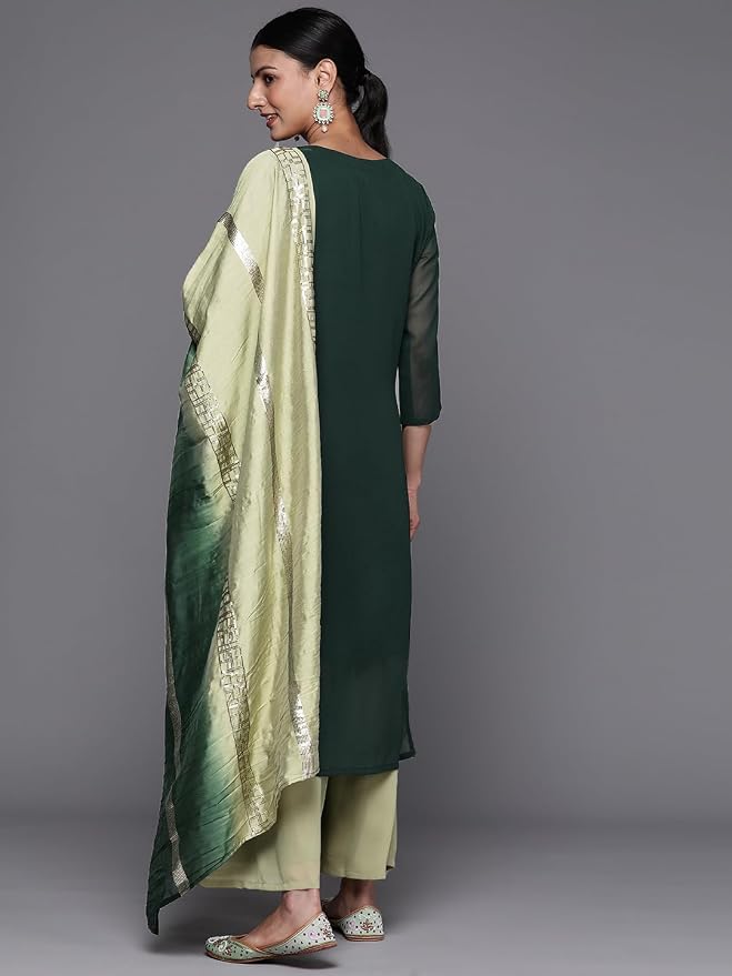 Woven Design Sequinned Silk Georgette Kurta With Sharara & Dupatta