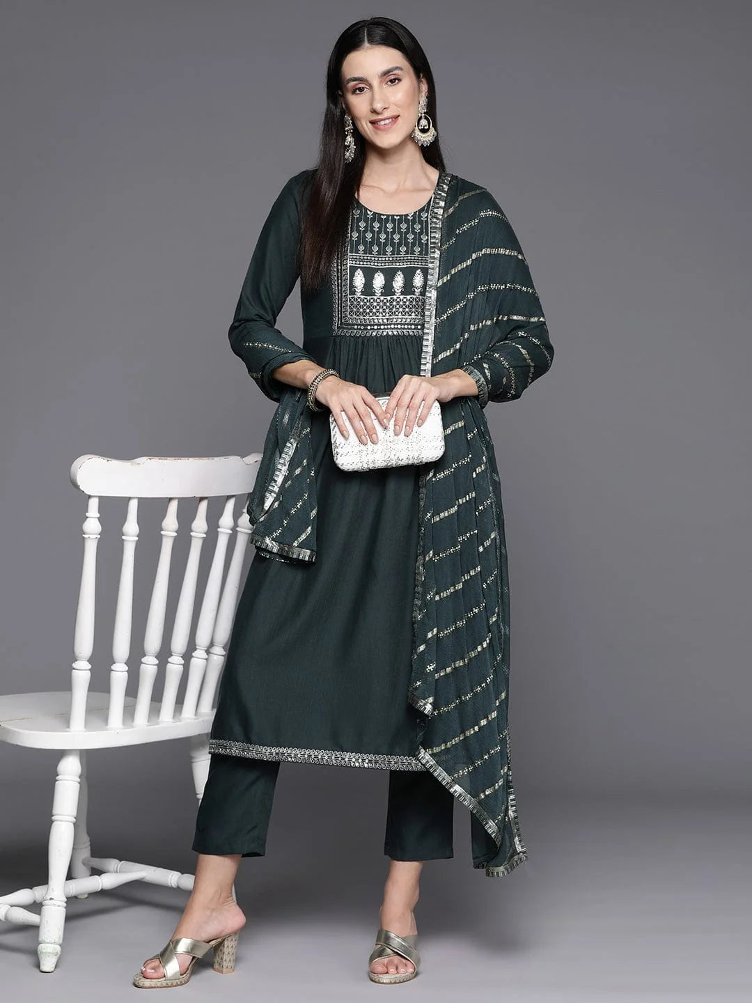 Women Ethnic Motifs Yoke Design Sequinned Kurta with Trousers & Dupatta