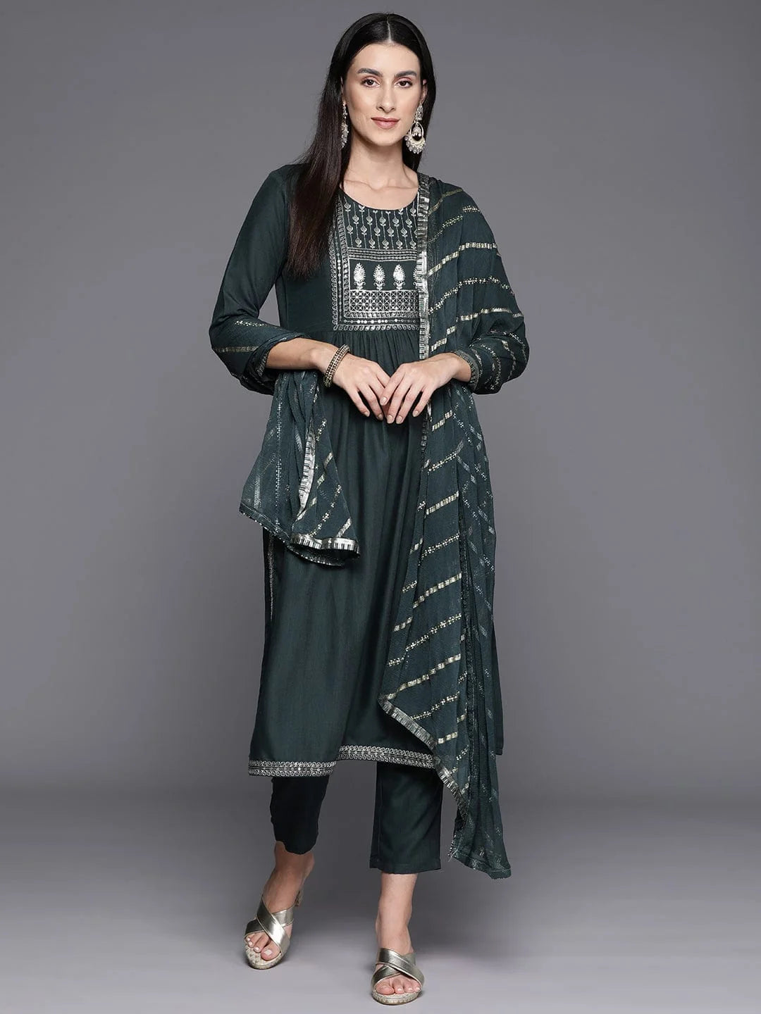Women Ethnic Motifs Yoke Design Sequinned Kurta with Trousers & Dupatta