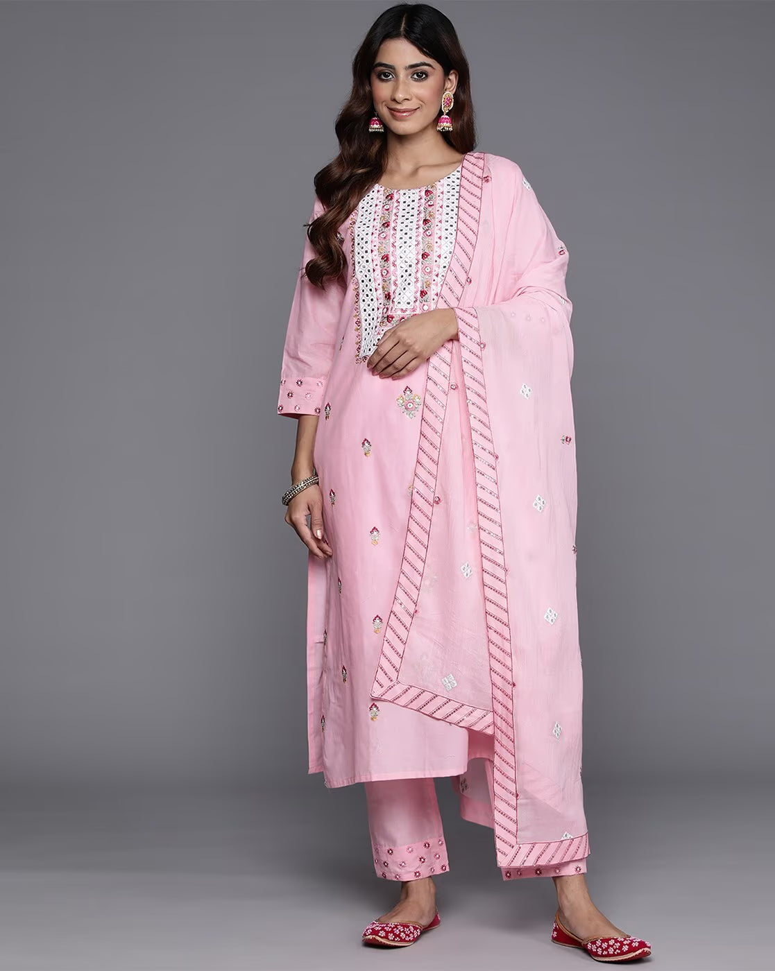 Floral Embroidered Thread Work Pure Cotton Kurta with Trousers & Dupatta
