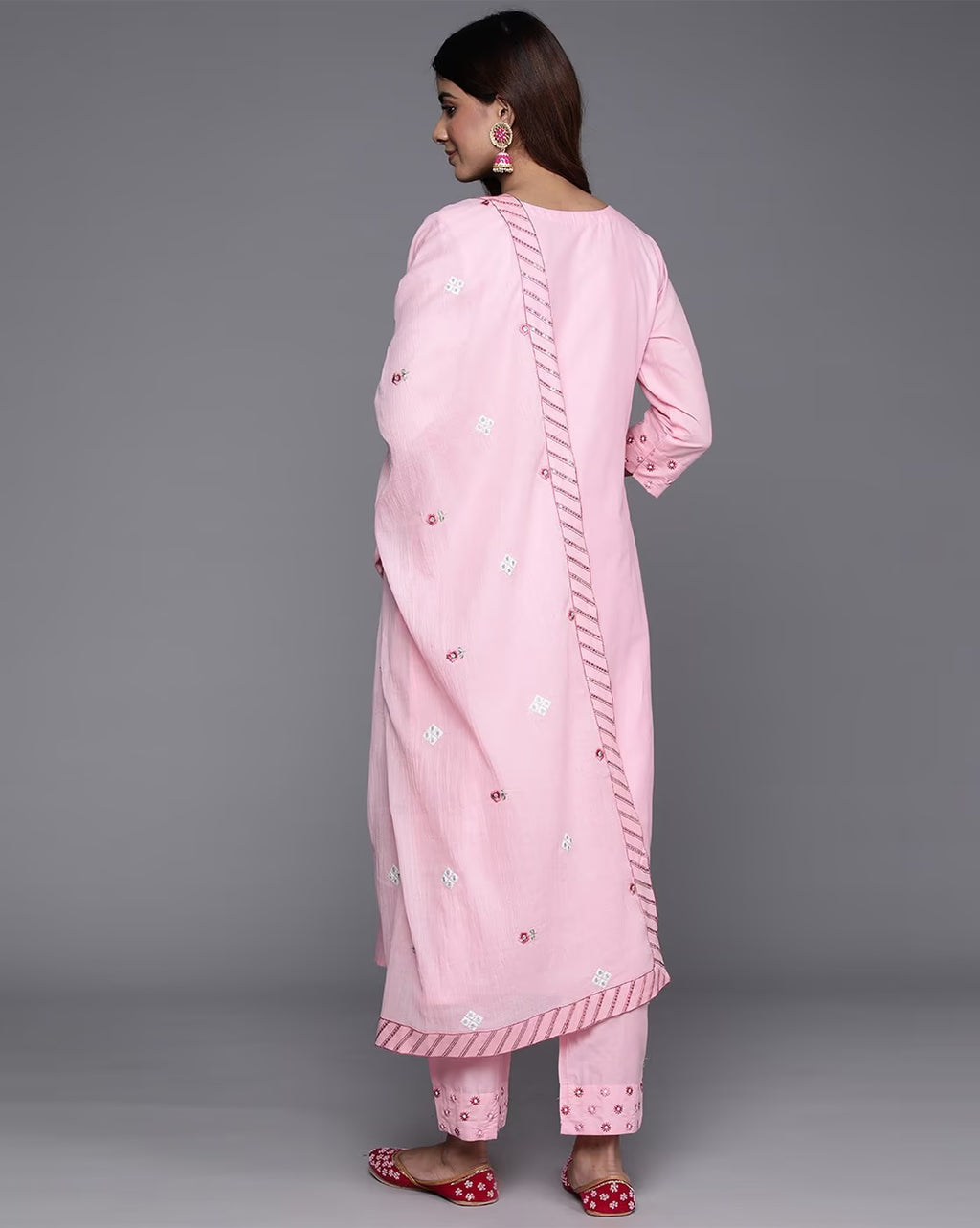 Floral Embroidered Thread Work Pure Cotton Kurta with Trousers & Dupatta