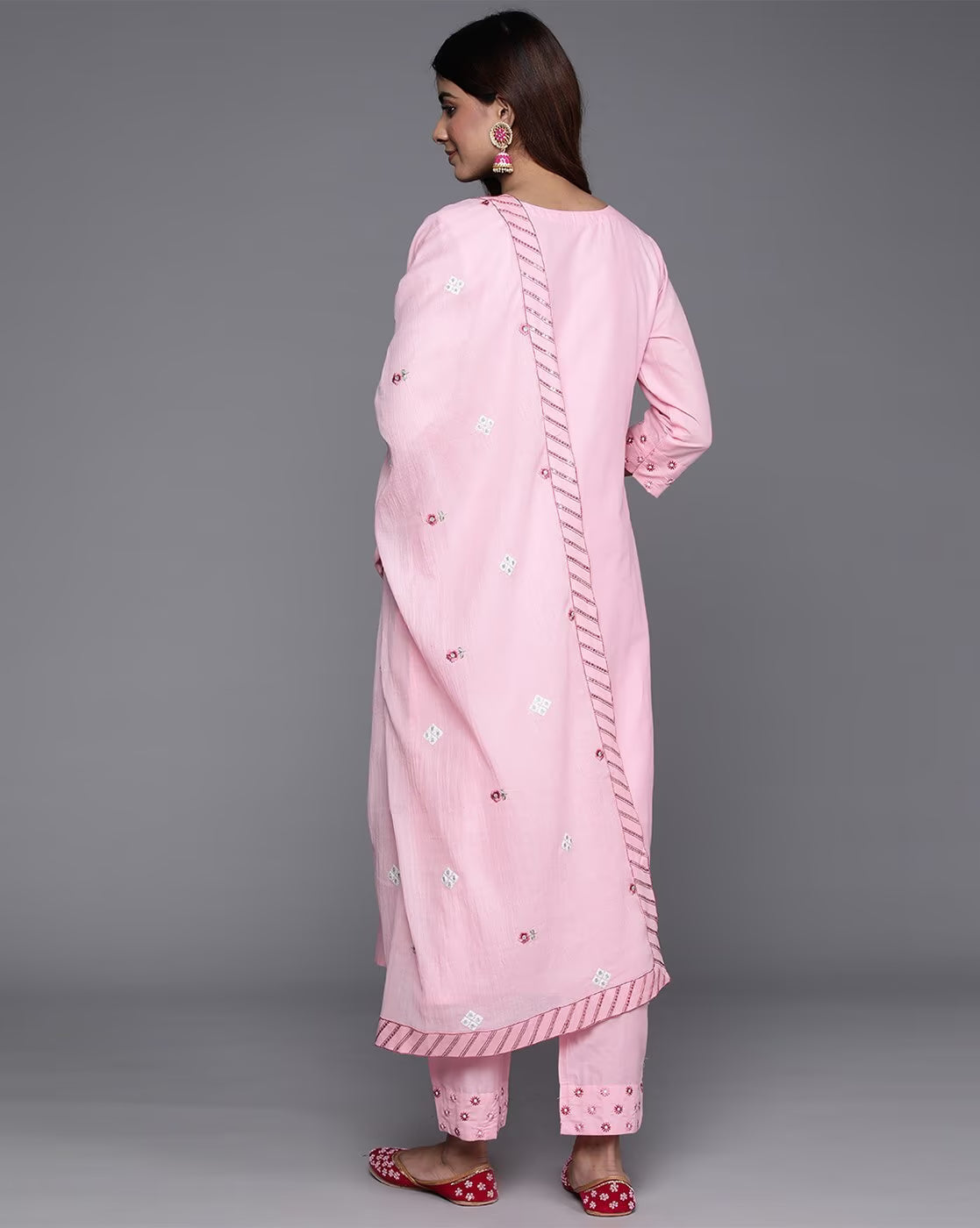 Floral Embroidered Thread Work Pure Cotton Kurta with Trousers & Dupatta