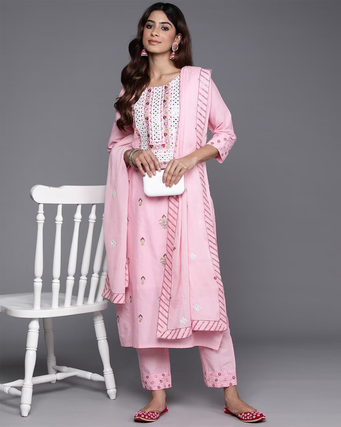 Floral Embroidered Thread Work Pure Cotton Kurta with Trousers & Dupatta