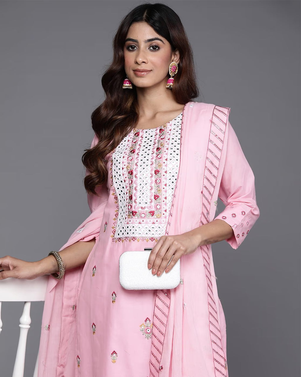 Floral Embroidered Thread Work Pure Cotton Kurta with Trousers & Dupatta