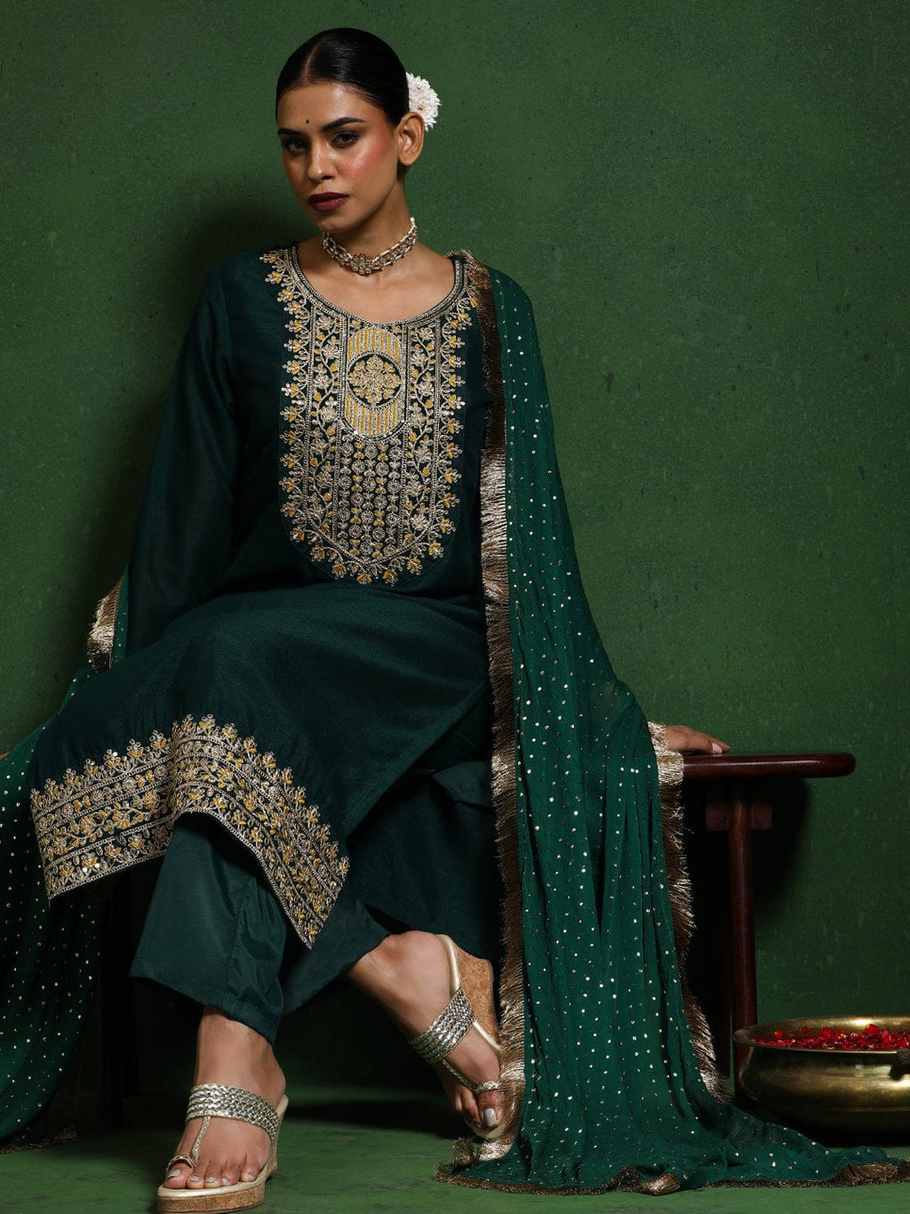 Floral Embroidered Cotton Silk Zari Work Straight Kurta With Trousers & Dupatta