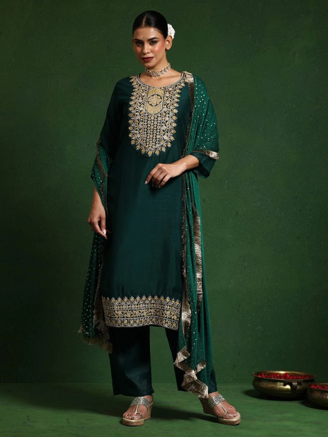 Floral Embroidered Cotton Silk Zari Work Straight Kurta With Trousers & Dupatta
