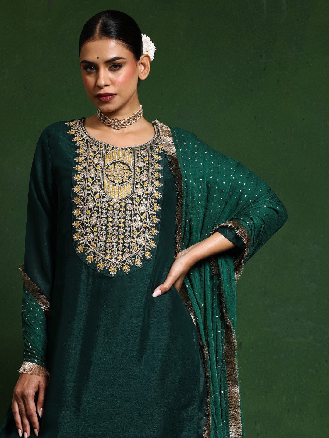 Floral Embroidered Cotton Silk Zari Work Straight Kurta With Trousers & Dupatta