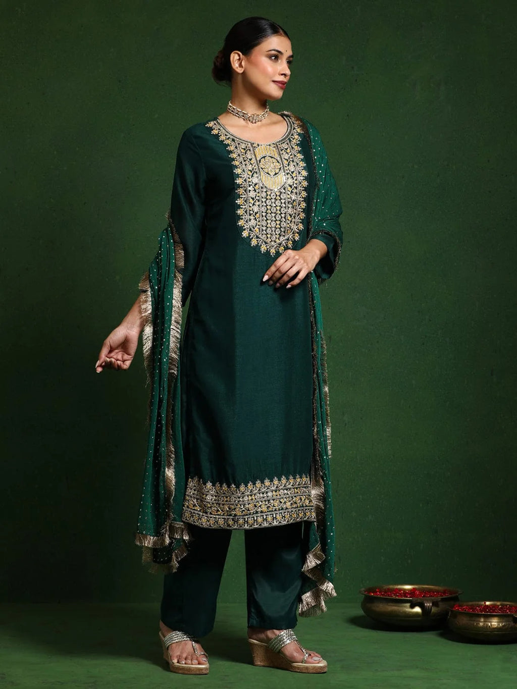 Floral Embroidered Cotton Silk Zari Work Straight Kurta With Trousers & Dupatta