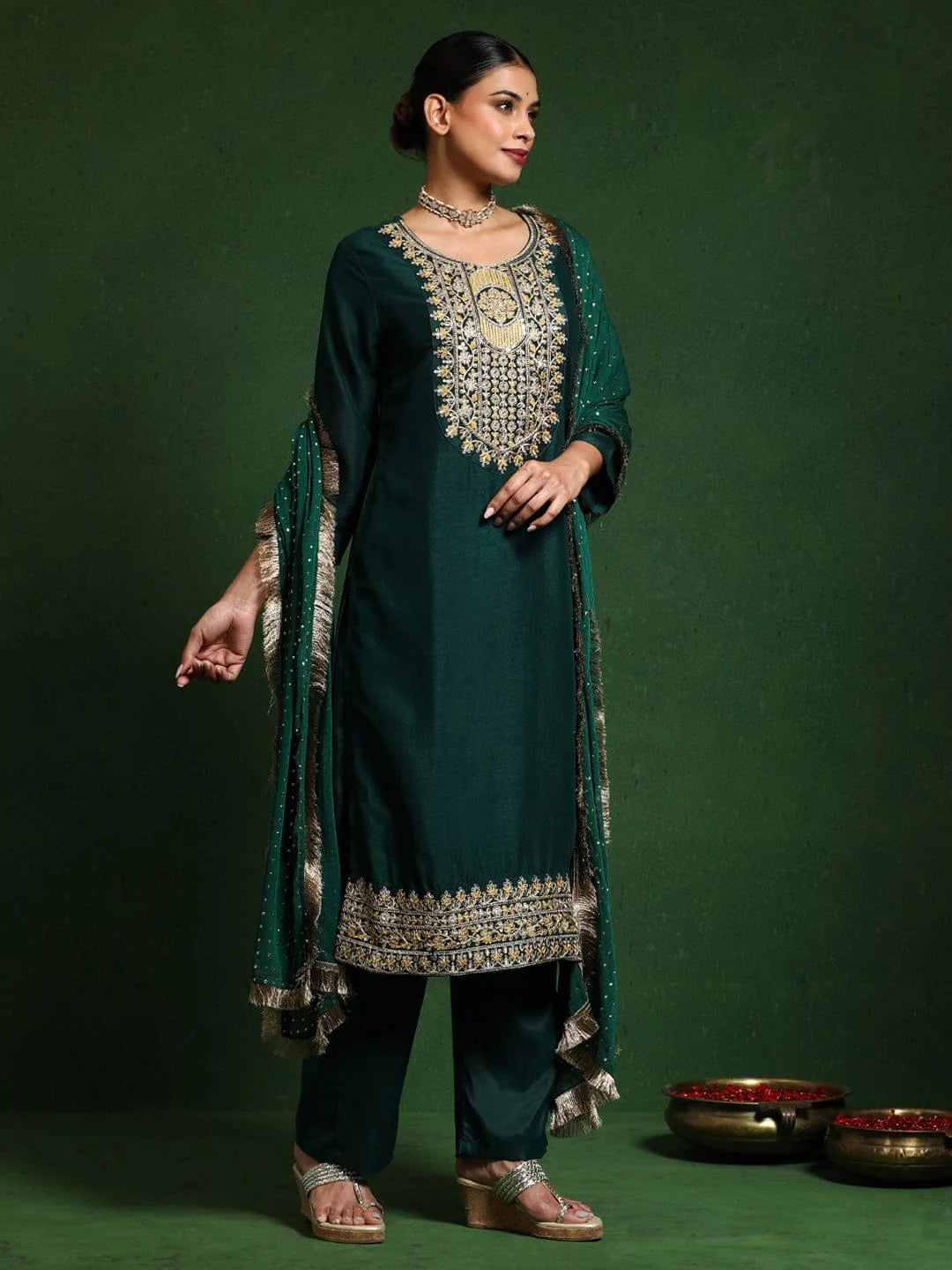 Floral Embroidered Cotton Silk Zari Work Straight Kurta With Trousers & Dupatta