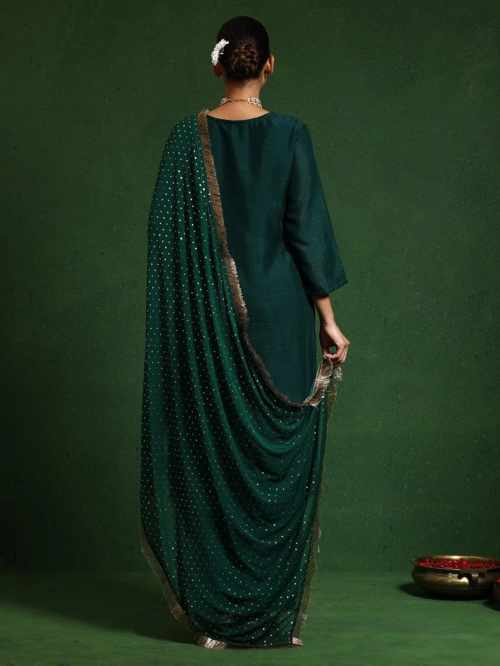 Floral Embroidered Cotton Silk Zari Work Straight Kurta With Trousers & Dupatta